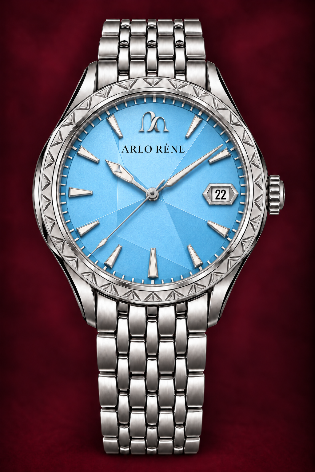 The ARLO RÉNE Architect with its frosted ice-blue dial and silver-toned case and bracelet
