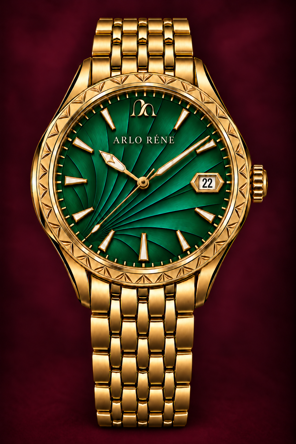 The ARLO RÉNE Sovereign with its emerald dial and yellow-gold-toned case and bracelet